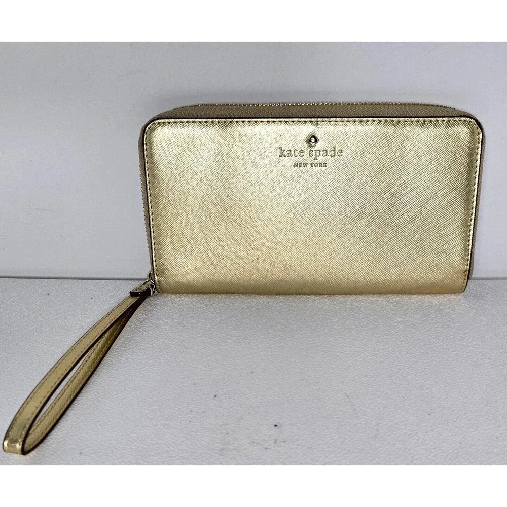 Kate Spade New York Talk Is Chic WALLET Gold Saffiano Wristlet Wallet